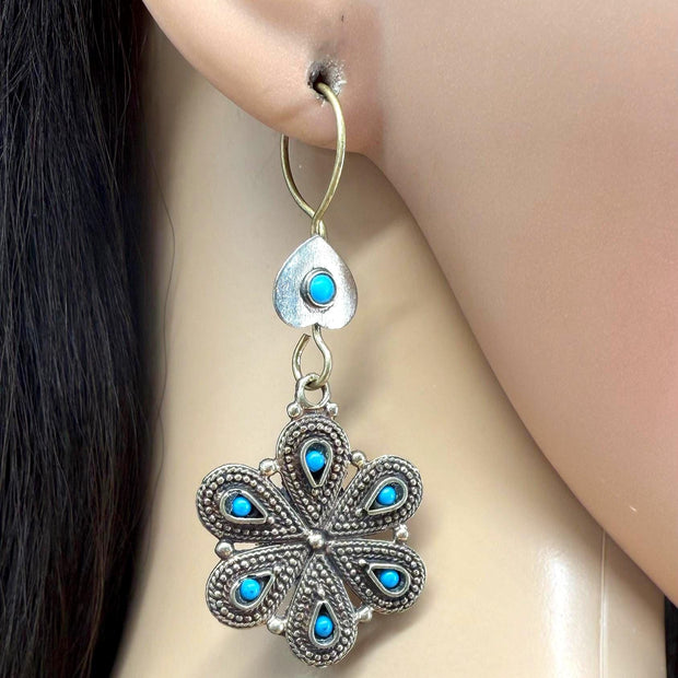 Vintage Afghan Tribal Flower Earrings - Handcrafted Boho Jewelry with Turquoise Accents