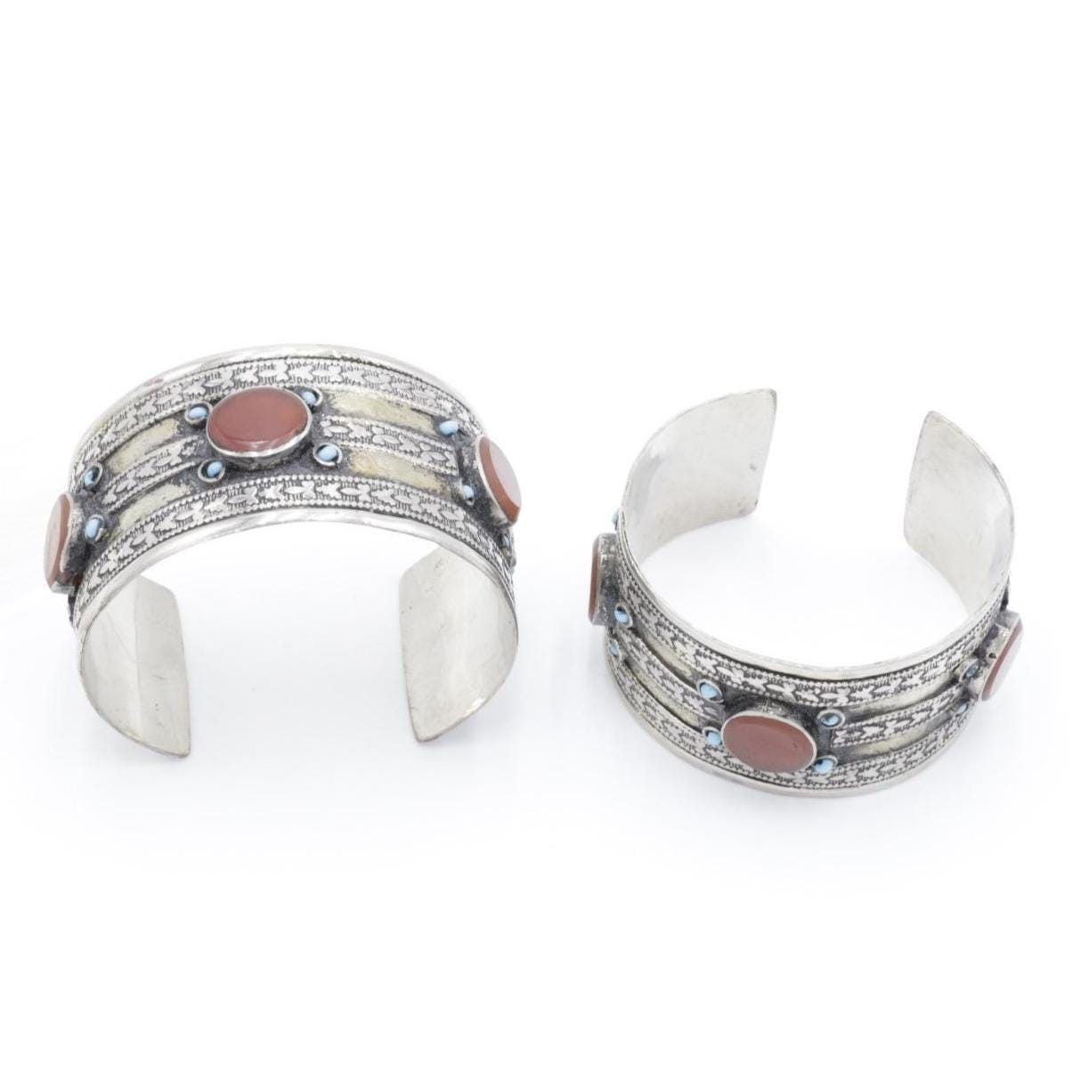 Bohemian Afghan Kuchi Adjustable Cuff Bracelet Set - Statement Aqeeq Tribal Jewelry