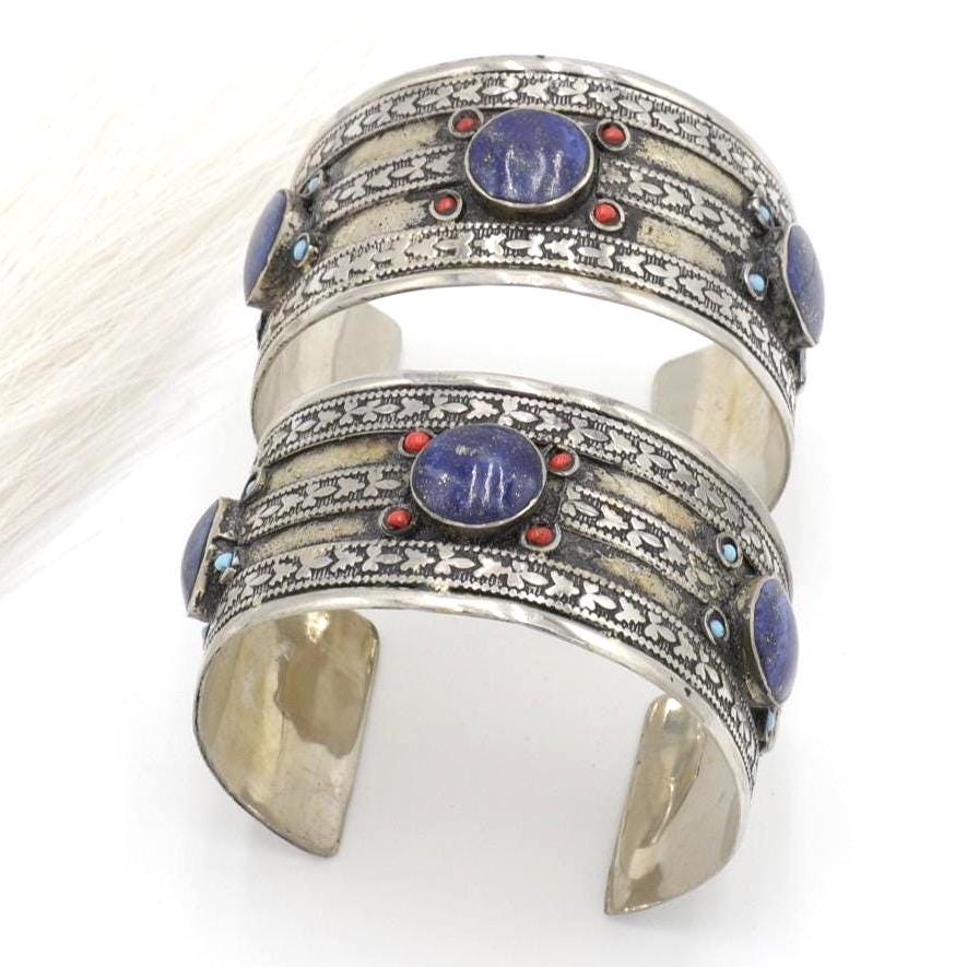 Bohemian Afghan Kuchi Cuff Bracelet Set: Adjustable Aqeeq Tribal Jewelry
