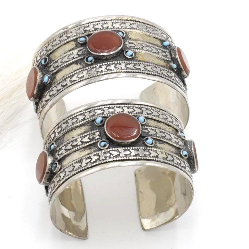 Bohemian Afghan Kuchi Cuff Bracelet Set: Adjustable Aqeeq Tribal Jewelry