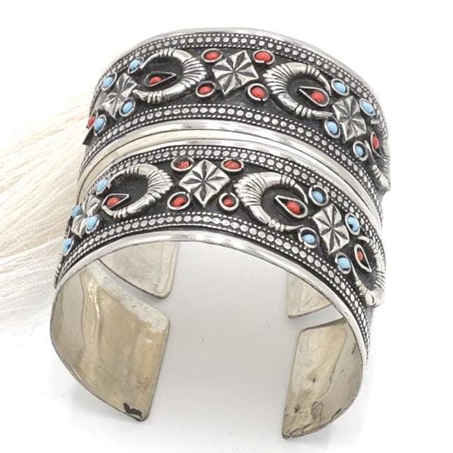Kuchi Adjustable Statement Cuff Bracelet Set - Afghan Aqeeq Bohemian Tribal Jewelry