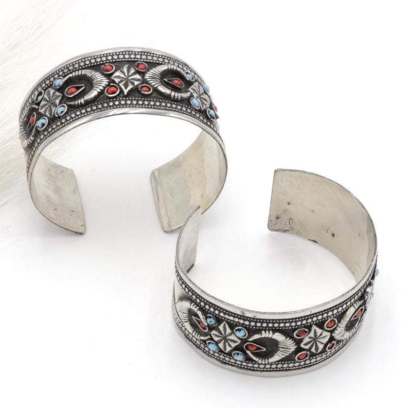 Kuchi Adjustable Statement Cuff Bracelet Set - Afghan Aqeeq Bohemian Tribal Jewelry