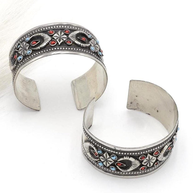 Kuchi Adjustable Statement Cuff Bracelet Set - Afghan Aqeeq Bohemian Tribal Jewelry