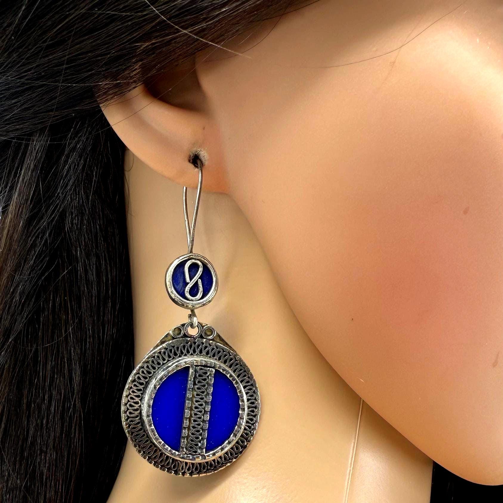 Vintage Afghan Lapis Lazuli Earrings: Ethnic Boho Handmade Tuareg Jewelry for Women