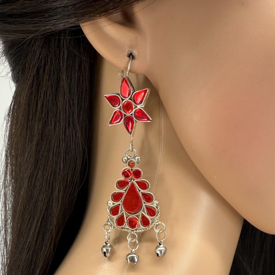 Vintage Afghani Tribal Statement Earrings - Red Stone Ethnic Middle Eastern Boho Gypsy Jewelry