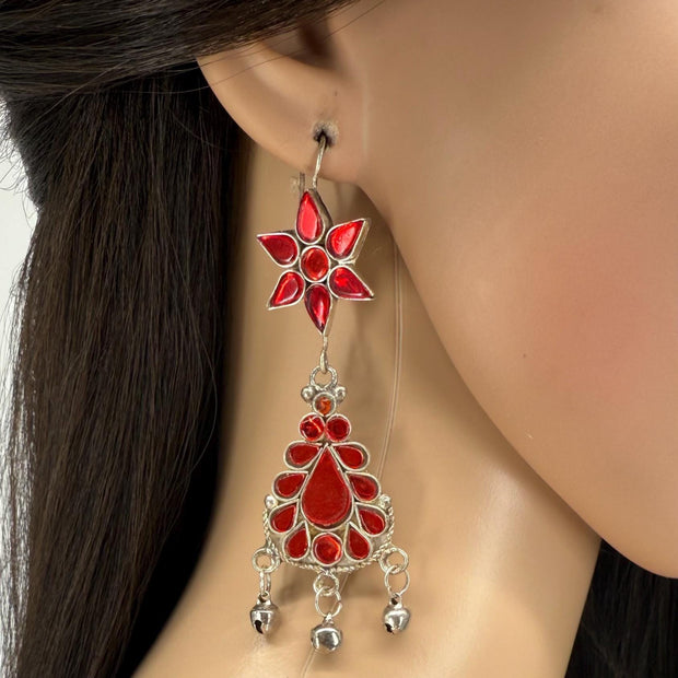 Vintage Afghani Tribal Statement Earrings - Red Stone Ethnic Middle Eastern Boho Gypsy Jewelry