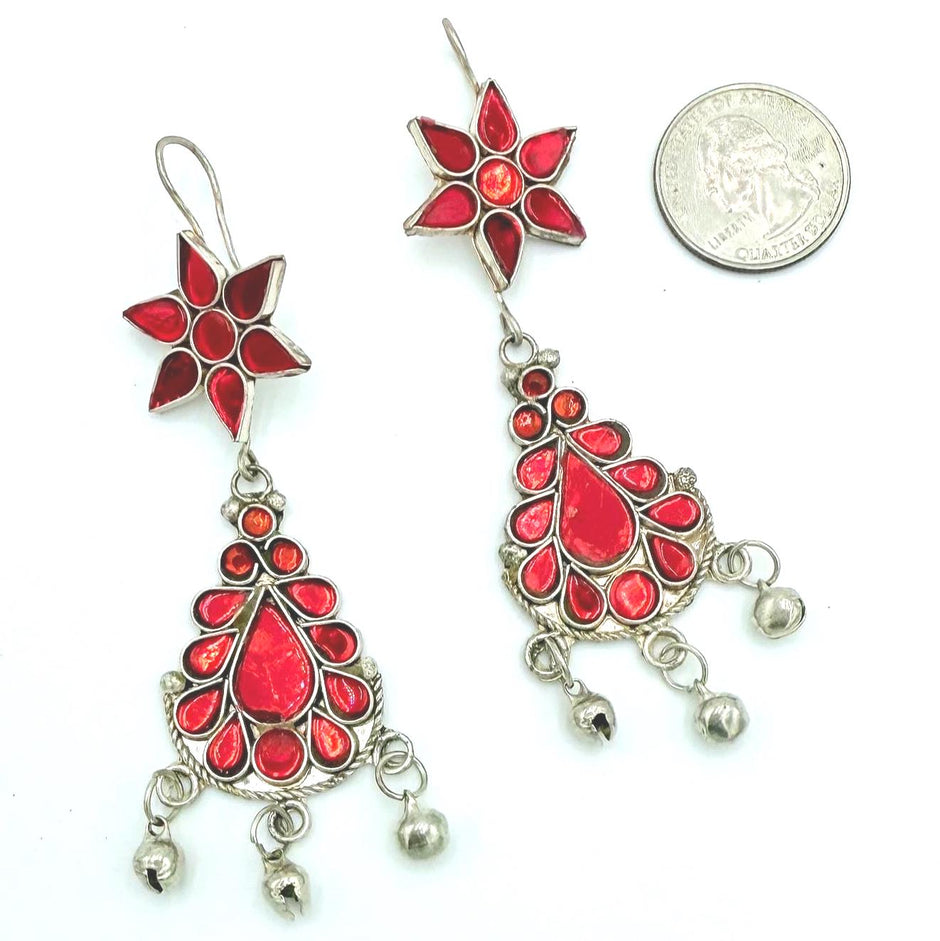 Vintage Afghani Tribal Statement Earrings - Red Stone Ethnic Middle Eastern Boho Gypsy Jewelry