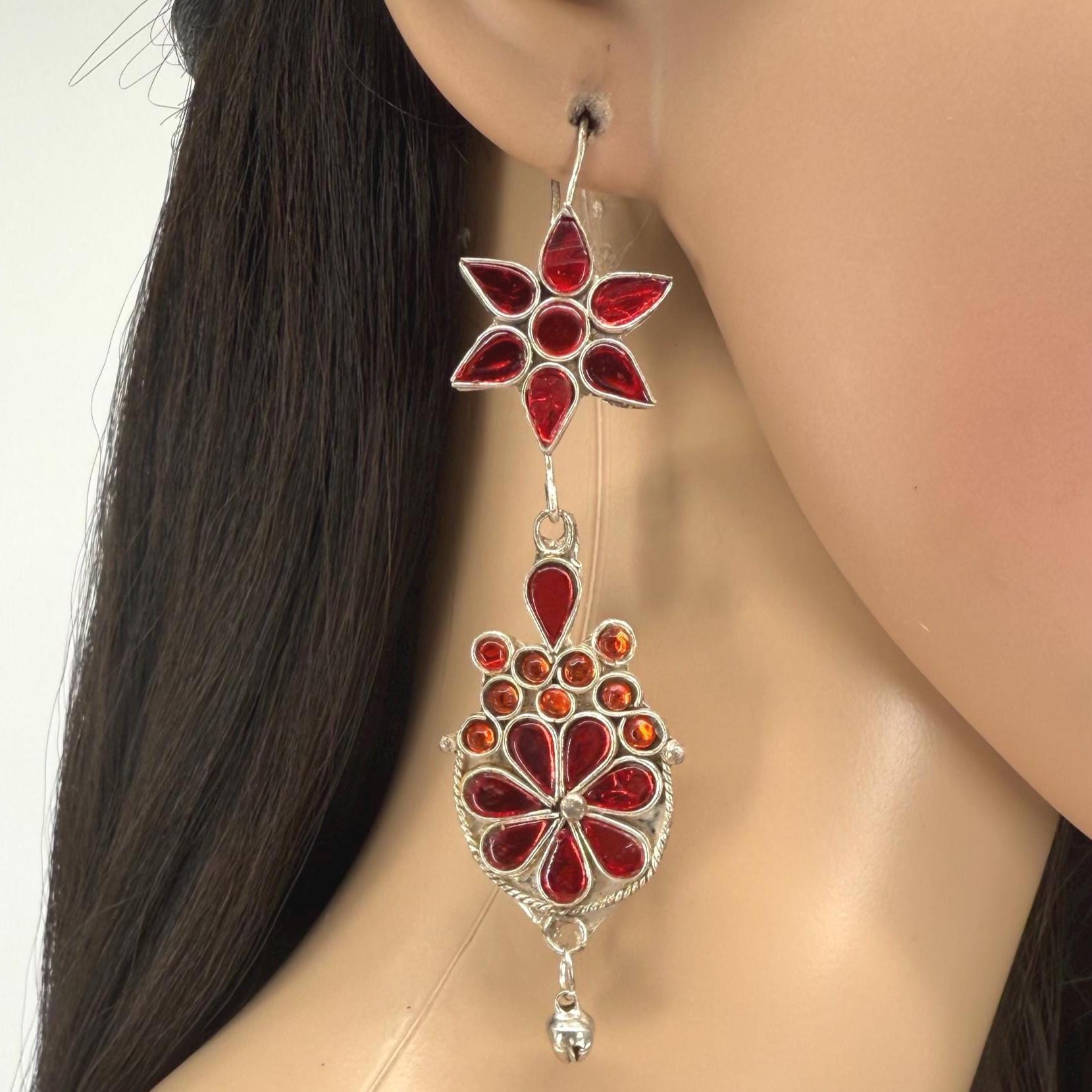 Vintage Afghani Tribal Statement Earrings - Red Stone Ethnic Middle Eastern Boho Gypsy Jewelry