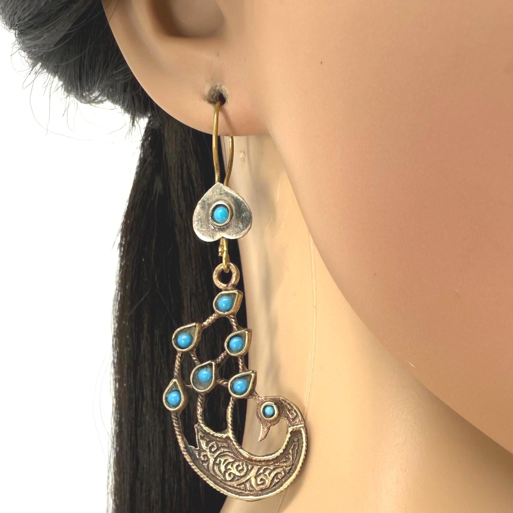 Vintage Afghan Peacock Earrings: Handmade Tribal Jewelry with Turquoise Accents