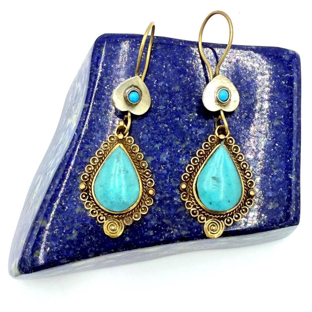 Vintage Afghan Turquoise Teardrop Earrings - Handmade Tribal Boho Dangle Jewelry
