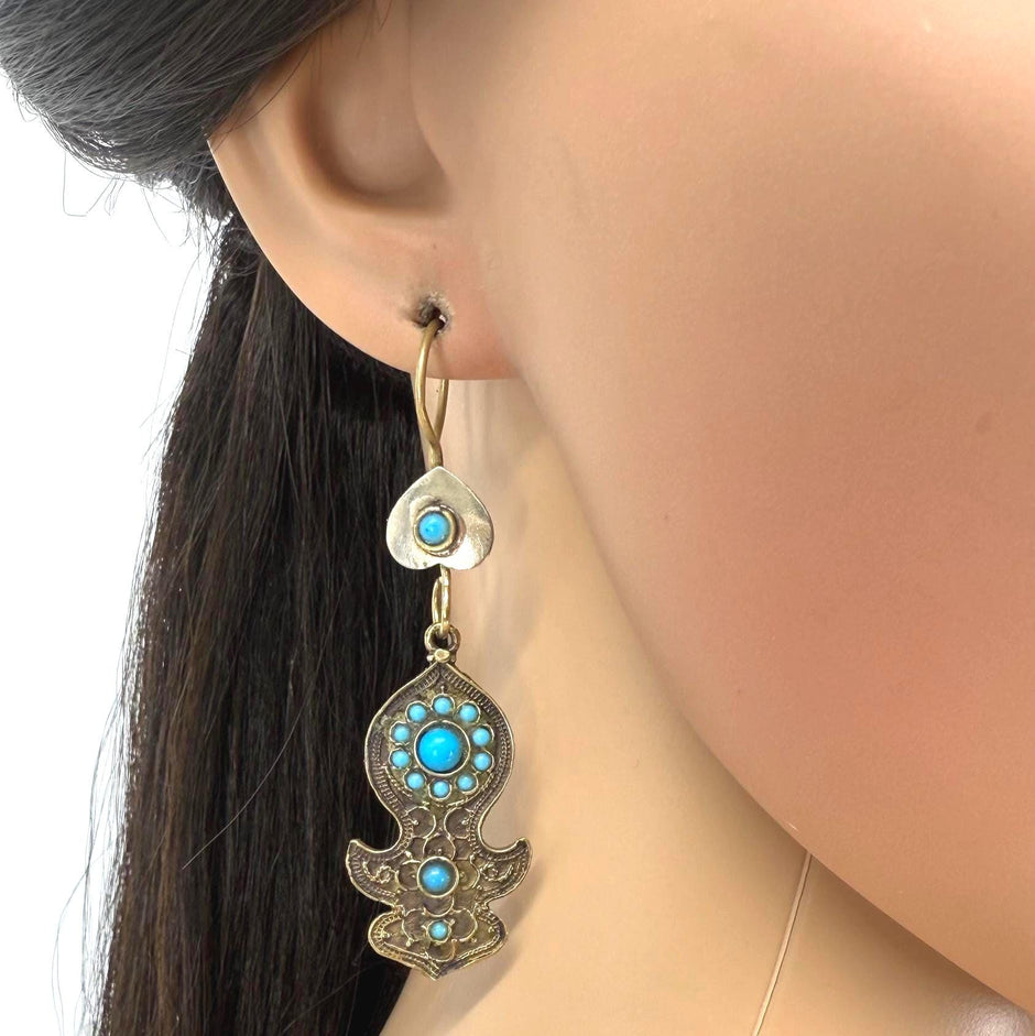 Vintage Afghan Blue Bead Earrings - Traditional Kuchi Jingle Jewelry for Baluchi Style Enthusiasts