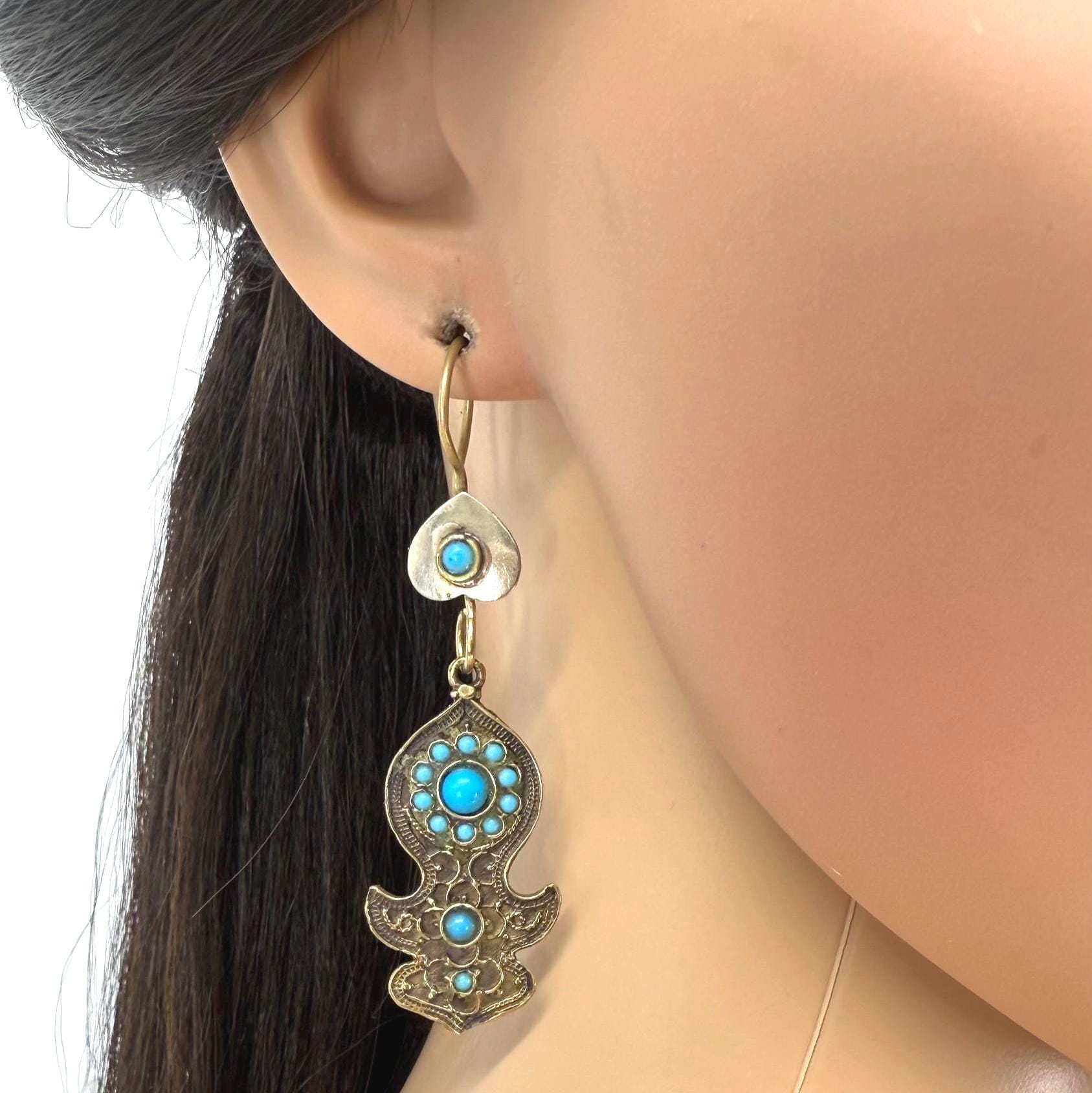 Vintage Afghan Blue Bead Earrings - Traditional Kuchi Jingle Jewelry for Baluchi Style Enthusiasts
