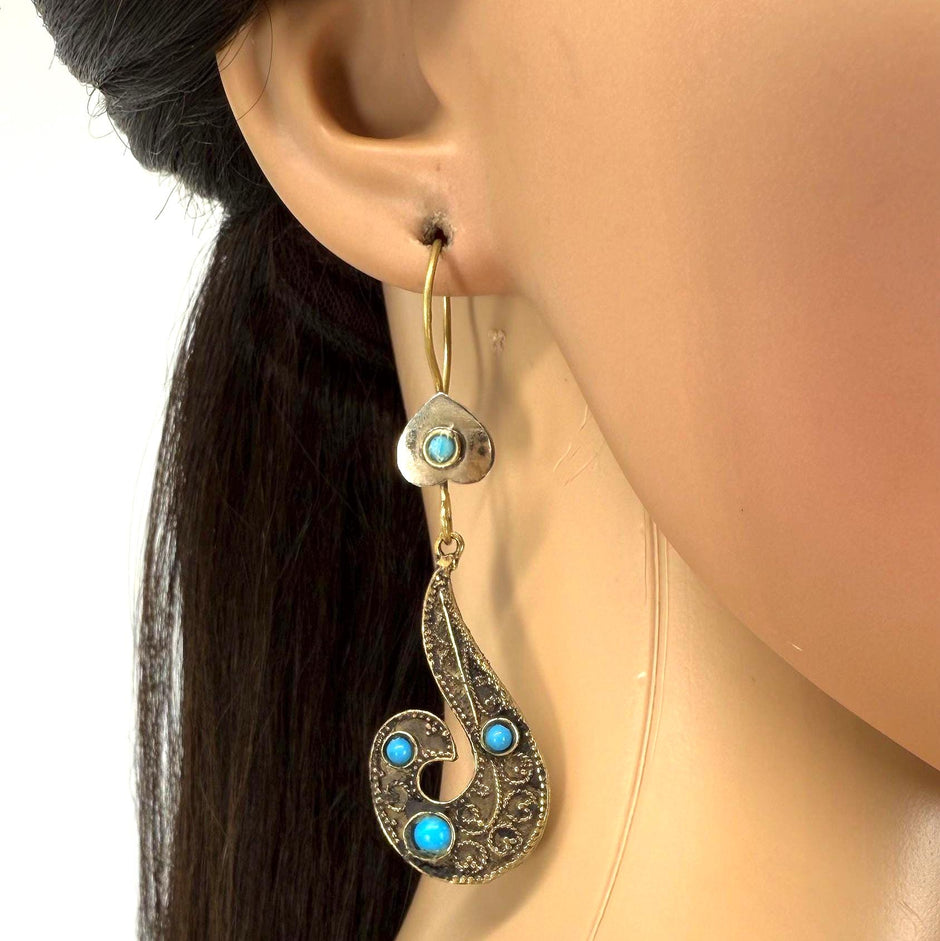 Vintage-Inspired Turquoise Afghan Tribal Earrings: Bronze Finish Kuchi Baluchi Jingle Jewelry