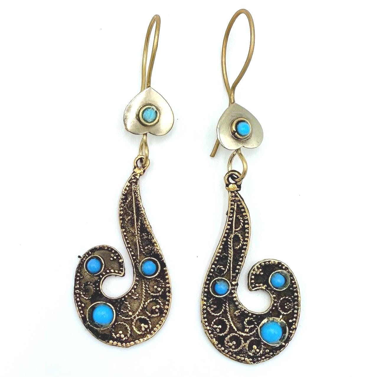 Vintage-Inspired Turquoise Afghan Tribal Earrings: Bronze Finish Kuchi Baluchi Jingle Jewelry