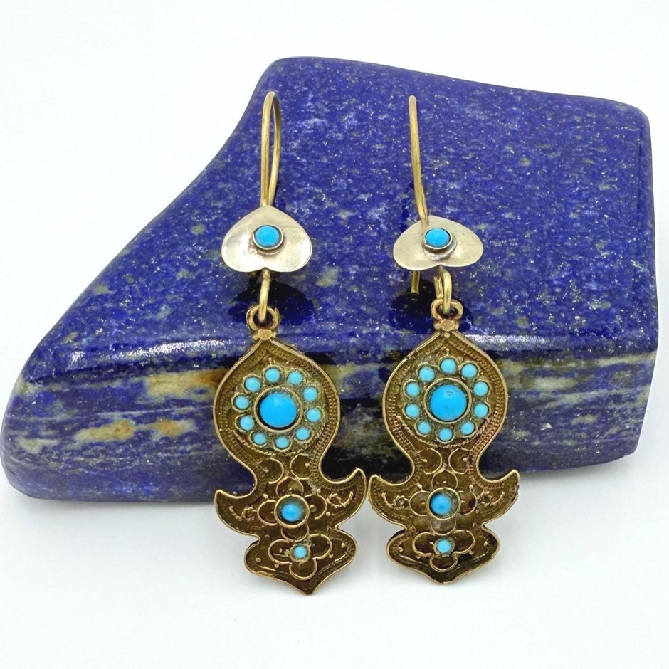 Vintage Afghan Blue Bead Earrings - Traditional Kuchi Jingle Jewelry for Baluchi Style Enthusiasts