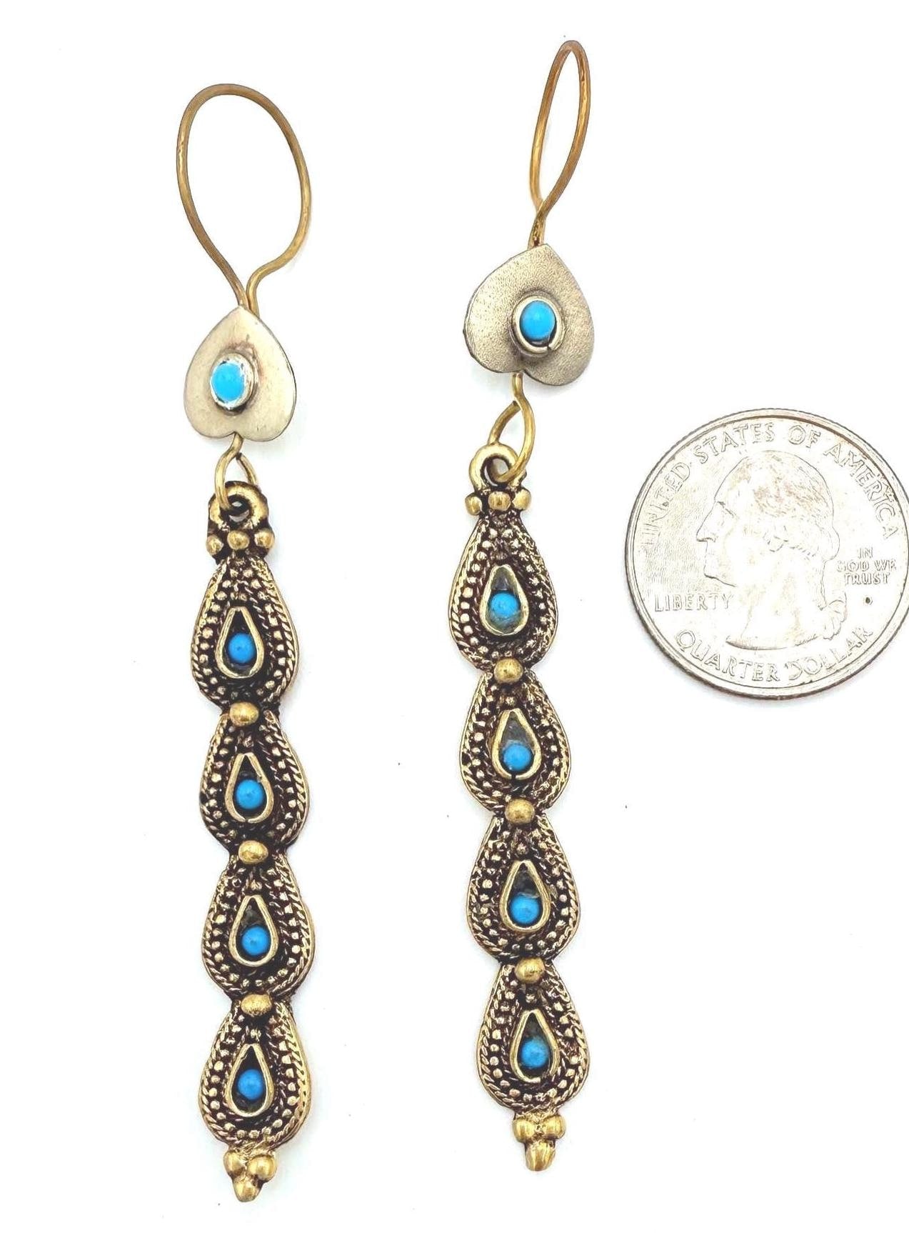 Vintage Afghan Tribal Earrings - Handcrafted Turquoise Teardrop Boho Ethnic Statement Jewelry