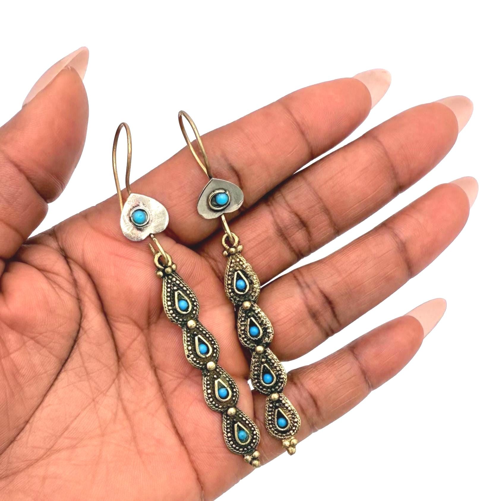 Vintage Afghan Tribal Earrings - Handcrafted Turquoise Teardrop Boho Ethnic Statement Jewelry