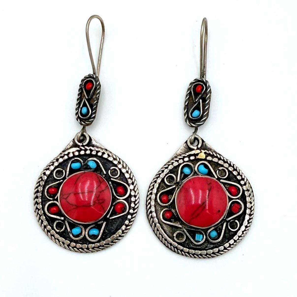 Vintage Afghan Round Earrings – Handcrafted Tribal Jewelry with Red, Blue & Silver Accents