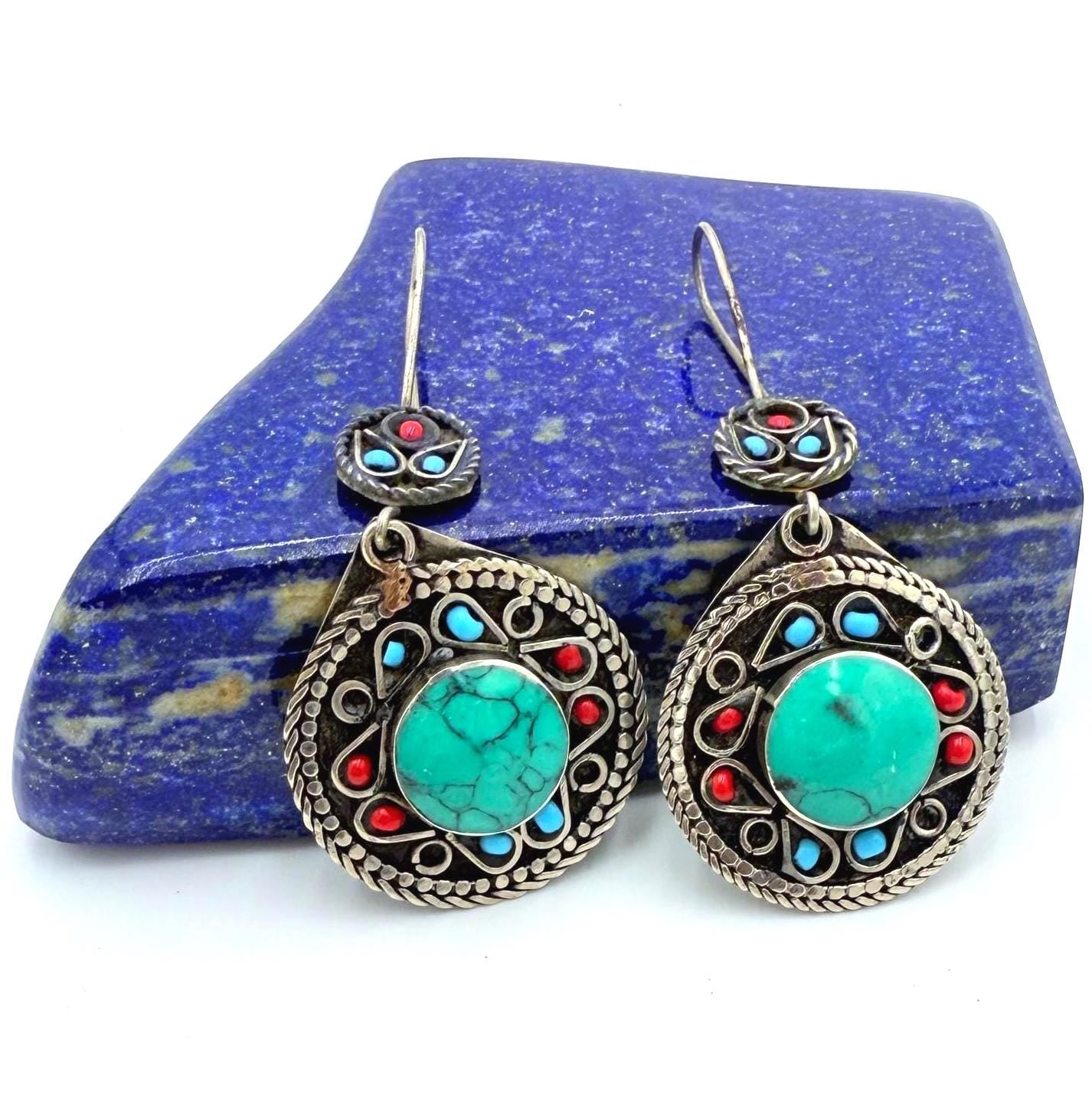 Vintage Afghan Round Earrings – Handcrafted Tribal Jewelry with Red, Blue & Silver Accents