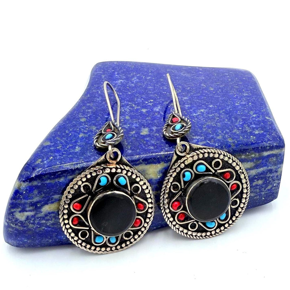 Vintage Afghan Round Earrings – Handcrafted Tribal Jewelry with Red, Blue & Silver Accents