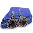 Vintage Afghan Round Earrings – Handcrafted Tribal Jewelry with Red, Blue & Silver Accents