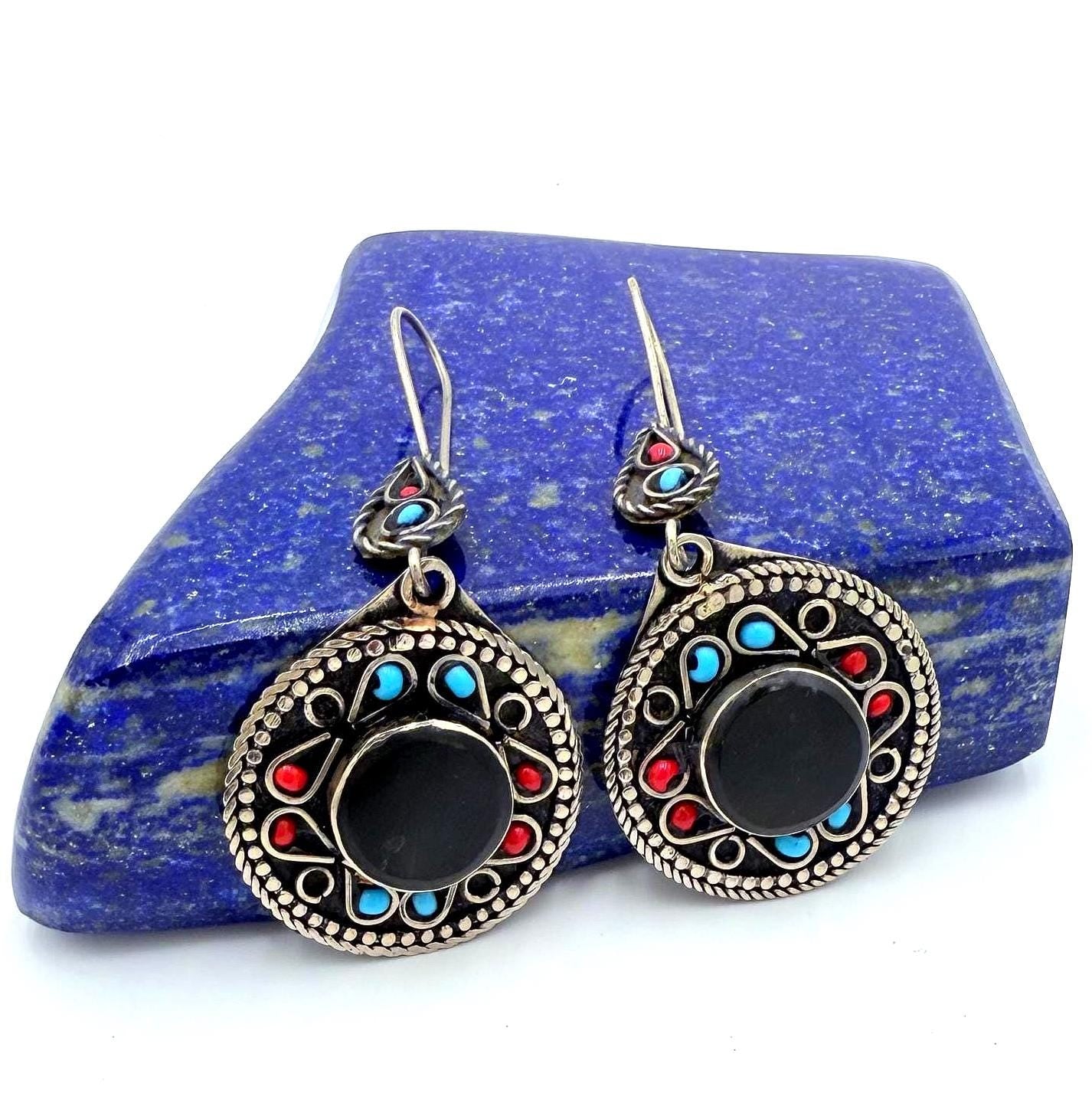 Vintage Afghan Round Earrings – Handcrafted Tribal Jewelry with Red, Blue & Silver Accents