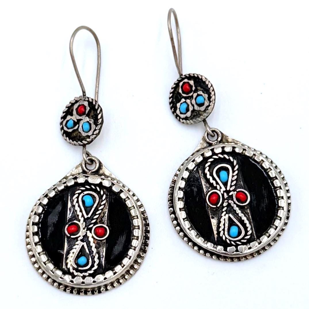 Afghan Round Tribal Earrings – Handcrafted Boho Jewelry  Black