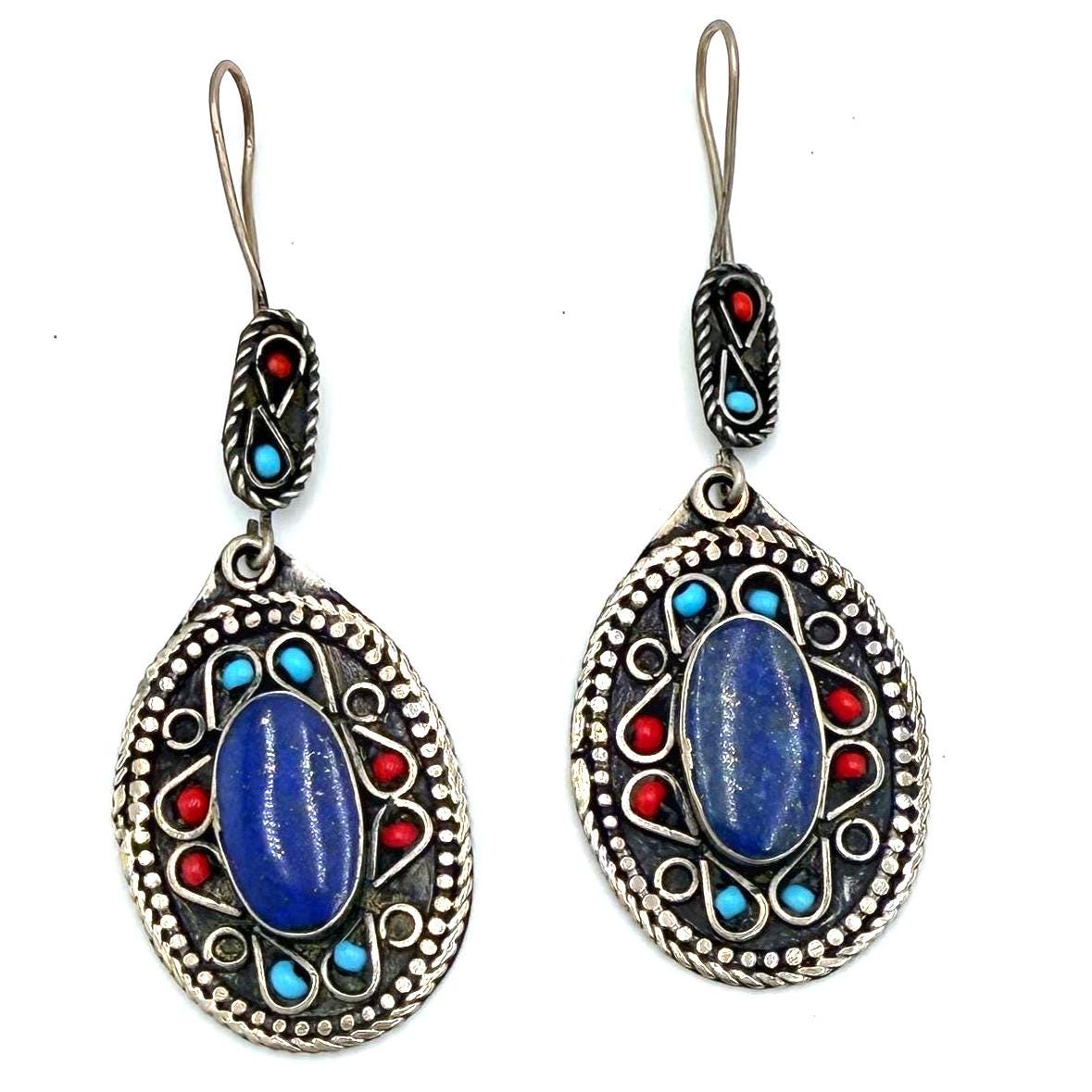 Handmade Afghan Oval Earrings – Tribal Drop Jewelry with Lapis Blue, Red & Turquoise Stones
