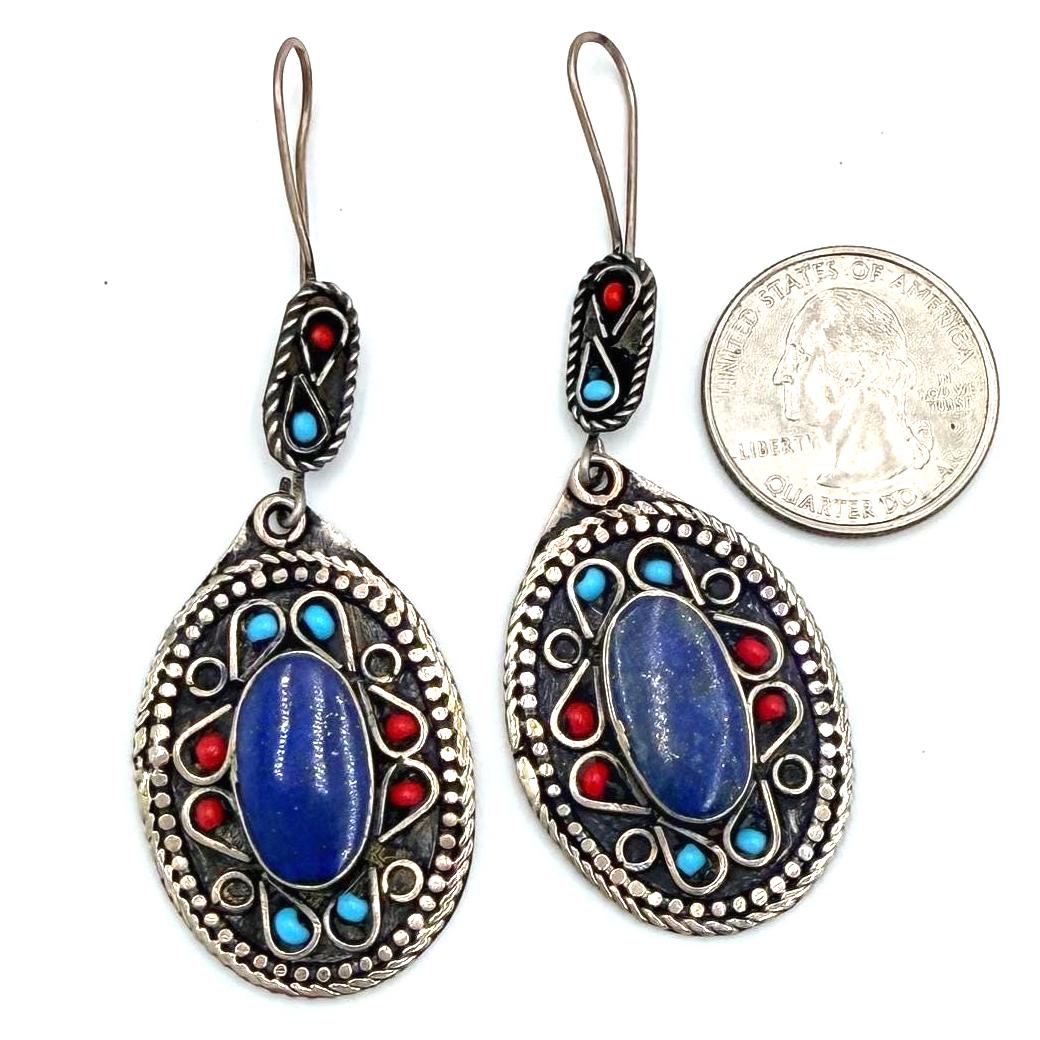 Handmade Afghan Oval Earrings – Tribal Drop Jewelry with Lapis Blue, Red & Turquoise Stones