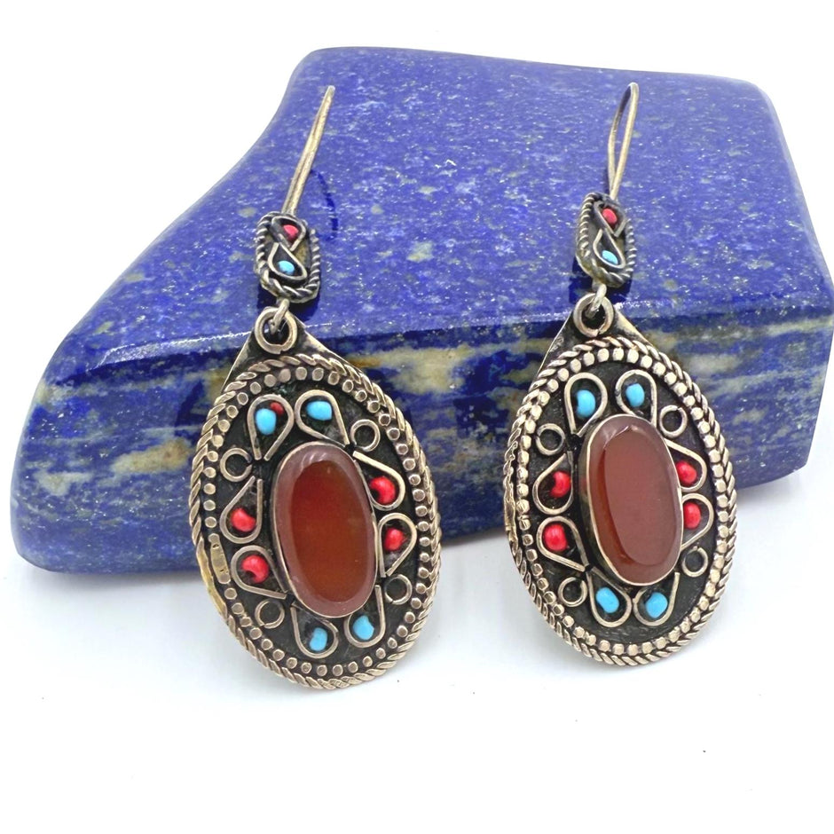 Handmade Afghan Oval Earrings – Tribal Drop Jewelry with Lapis Blue, Red & Turquoise Stones