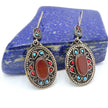 Handmade Afghan Oval Earrings – Tribal Drop Jewelry with Lapis Blue, Red & Turquoise Stones