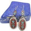 Handcrafted Afghan Oval Earrings – Tribal Silver-Tone Dangles with Red & Turquoise Inlays