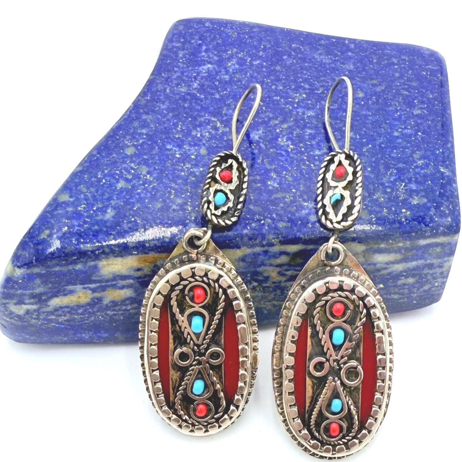 Handcrafted Afghan Oval Earrings – Tribal Silver-Tone Dangles with Red & Turquoise Inlays