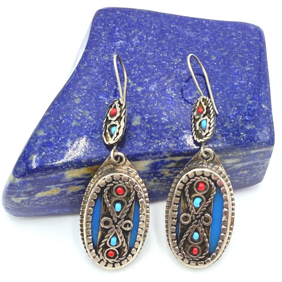 Handcrafted Afghan Oval Earrings – Tribal Silver-Tone Dangles with Red & Turquoise Inlays