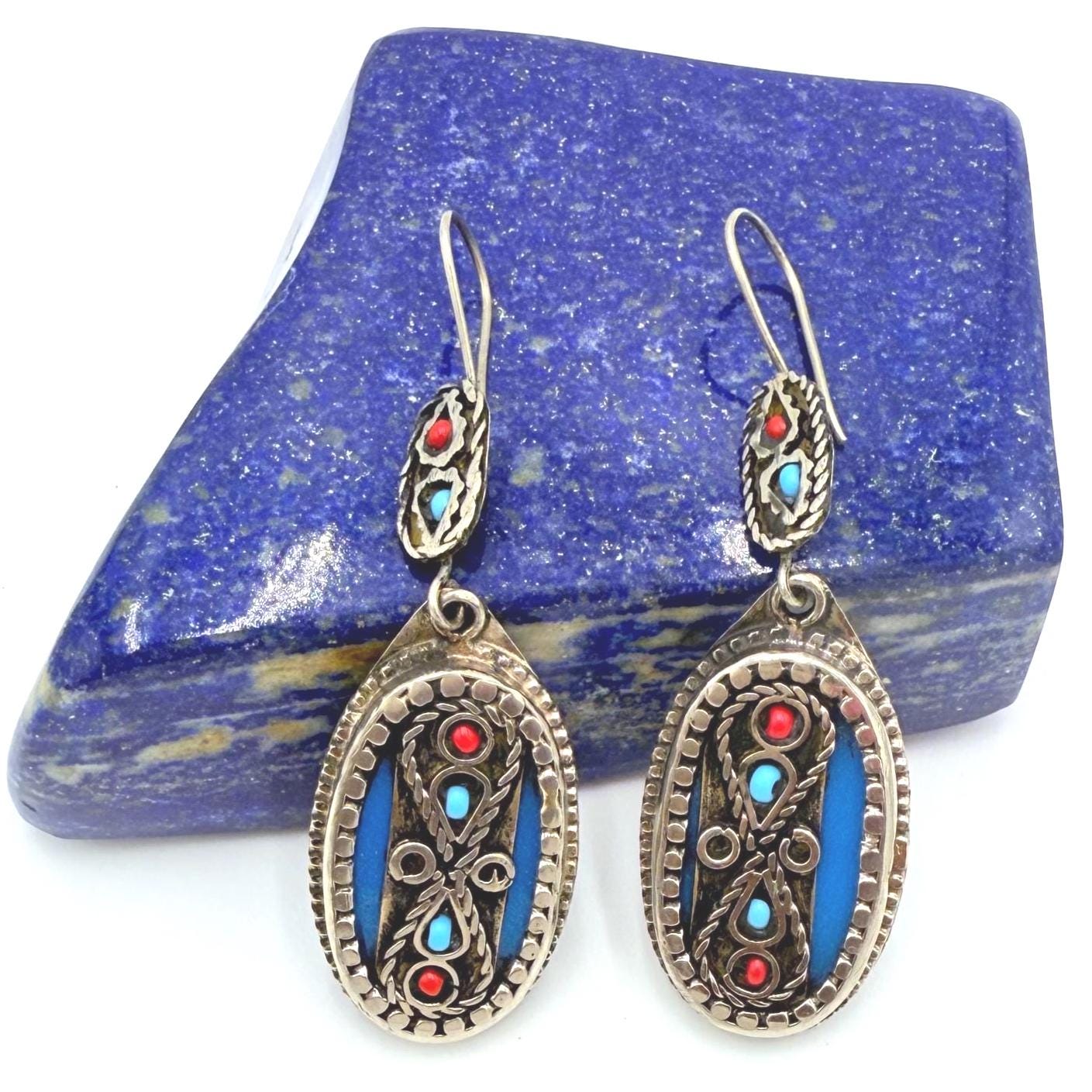 Handcrafted Afghan Oval Earrings – Tribal Silver-Tone Dangles with Red & Turquoise Inlays