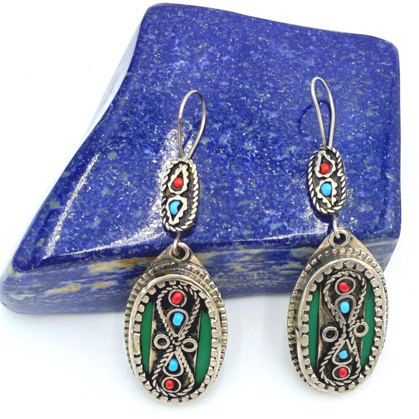 Handcrafted Afghan Oval Earrings – Tribal Silver-Tone Dangles with Red & Turquoise Inlays