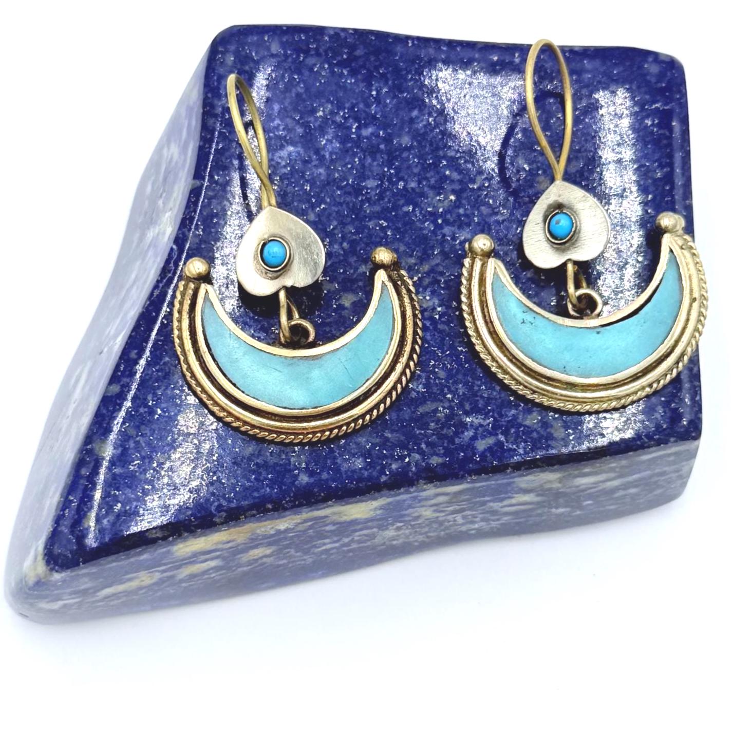Afghan Crescent Moon Earrings – Handcrafted Boho Jewelry with Turquoise Inlay