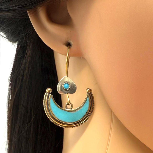 Afghan Crescent Moon Earrings – Handcrafted Boho Jewelry with Turquoise Inlay