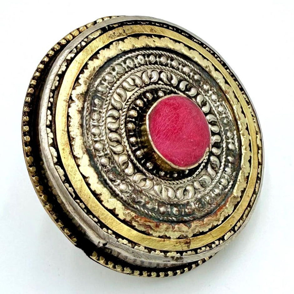 Oversized Vintage Afghan Statement Ring with Red Gemstone -  Boho Tribal Jewelry