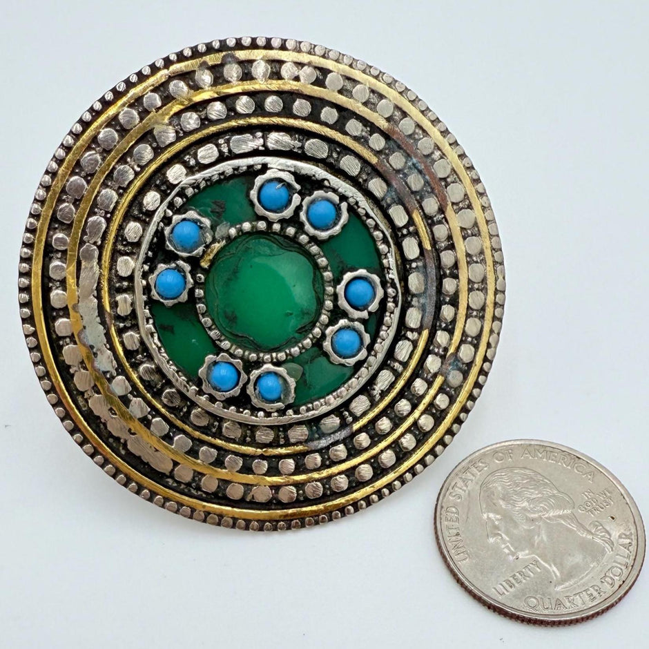 Oversized Vintage Afghan Statement Ring - Adjustable Turquoise Engraved Gemstone Jewelry