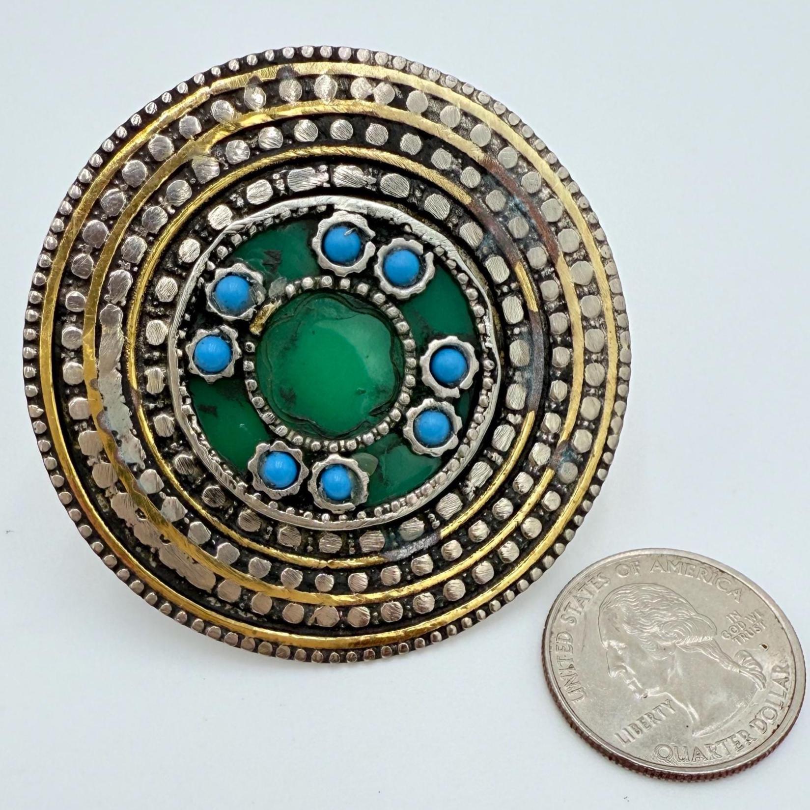 Oversized Vintage Afghan Statement Ring - Adjustable Turquoise Engraved Gemstone Jewelry