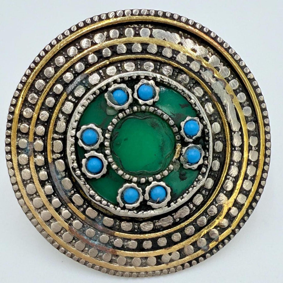 Oversized Vintage Afghan Statement Ring - Adjustable Turquoise Engraved Gemstone Jewelry