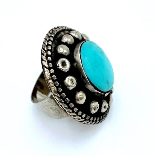 Vintage Afghan Turquoise Ring - Adjustable Nomadic Statement Jewelry with Engraved Gemstone