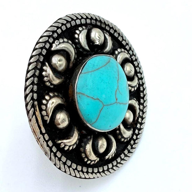 Vintage Afghan Turquoise Statement Ring -  Handmade Engraved Gemstone Jewelry