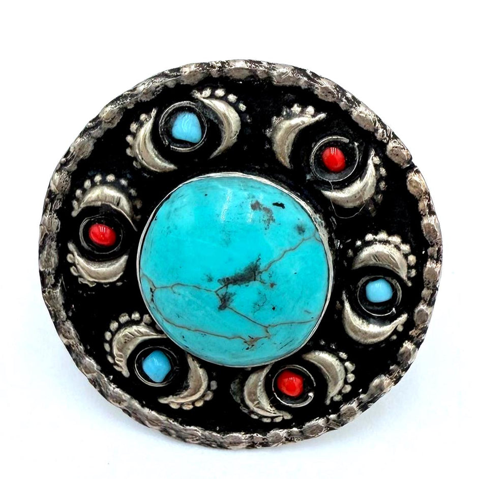 Vintage Afghan Turquoise Statement Ring -  Handmade Engraved Gemstone Jewelry