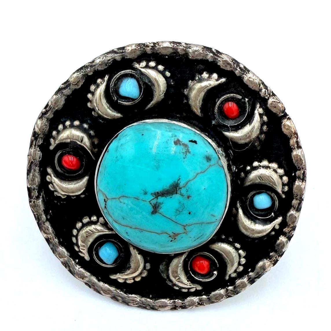 Vintage Afghan Turquoise Statement Ring -  Handmade Engraved Gemstone Jewelry