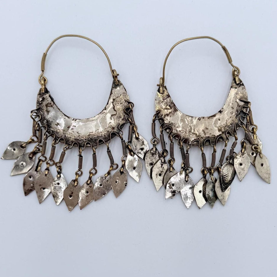 Vintage Afghan Kuchi Hoop Earrings: Red Glass Stone, Tribal Jewelry