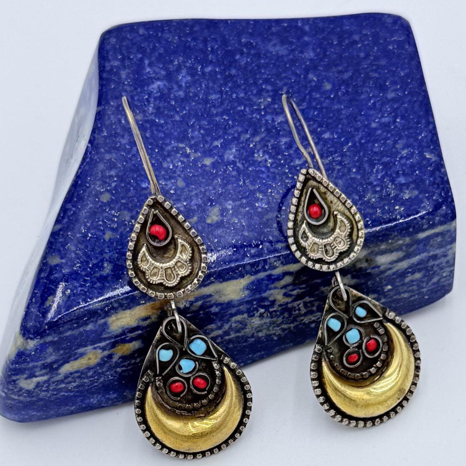 Bohemian Kuchi Teardrop Hoop Earrings - Vintage Afghan Tribal Festival Statement Jewelry