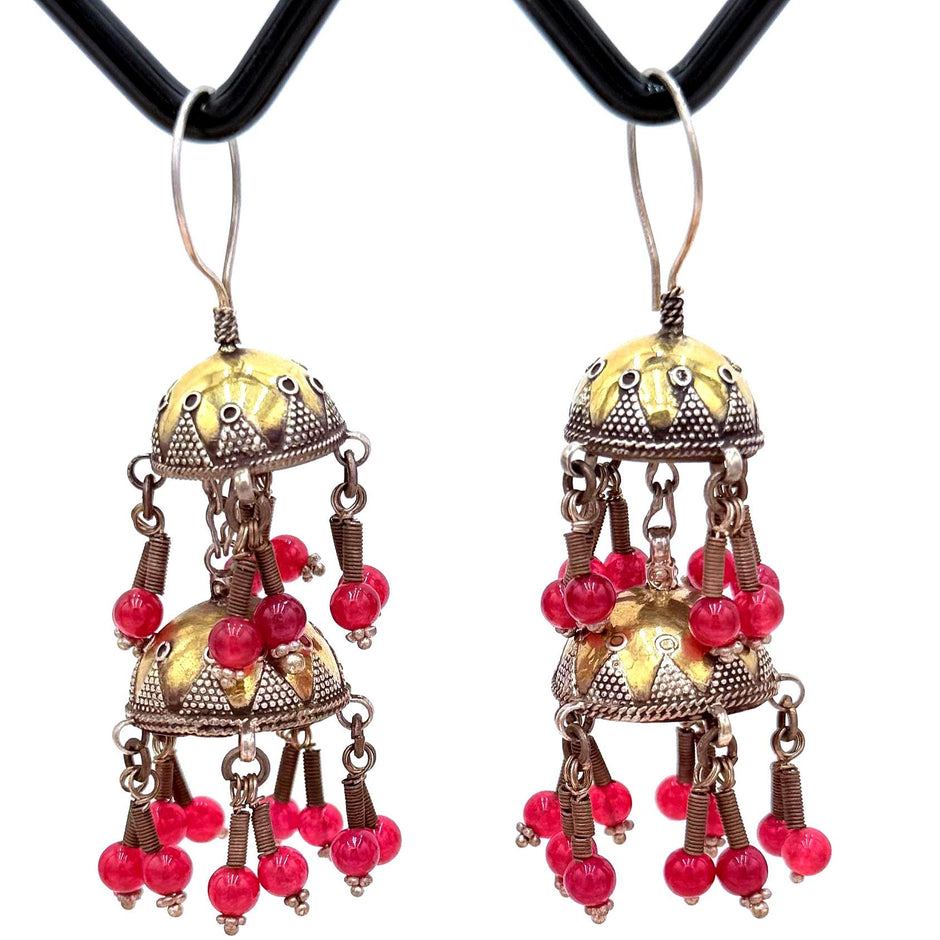 Vintage Turkmen Goldwashed Silver Earrings: Pink Glass Beads, Tribal Nomad Ethnic Statement Jewelry