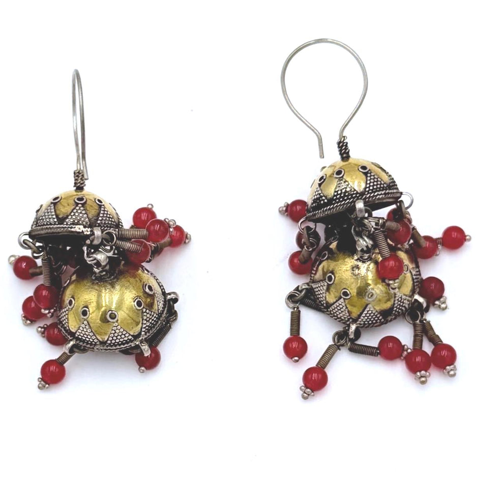 Vintage Turkmen Goldwashed Silver Earrings: Pink Glass Beads, Tribal Nomad Ethnic Statement Jewelry
